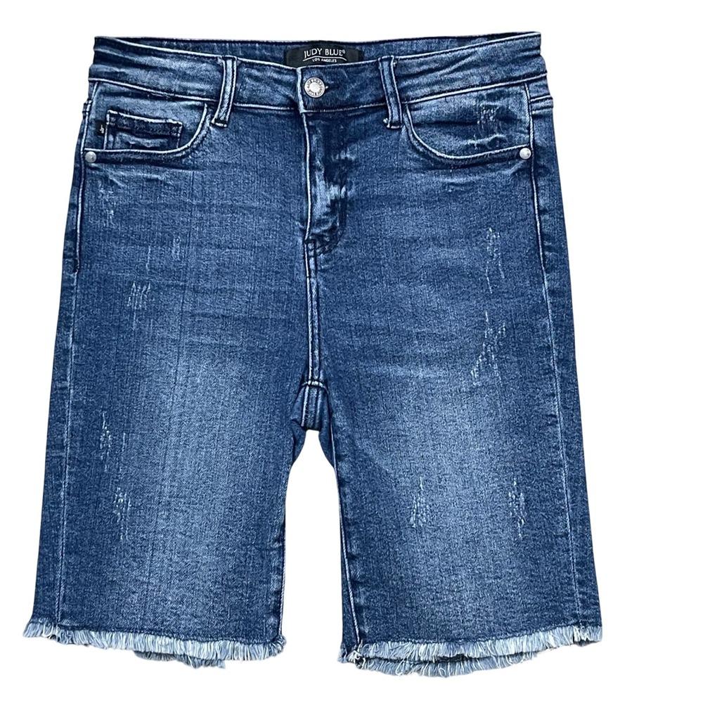 Judy Blue Los Angeles Medium Wash Distressed Bermuda Denim Shorts Raw Hem Size M